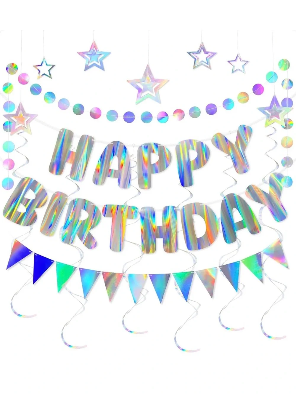 Holographic 'Happy Birthday' Banner and Hanging Star Party Decorations
